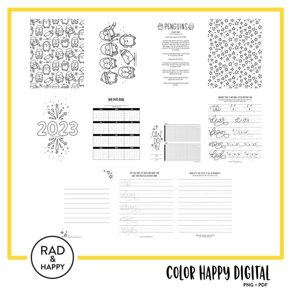 A digital collage of coloring pages with a yellow border